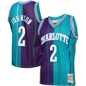 Carino Trendy Attraente Larry Johnson Charlotte Hornets Hardwood Classics Split Swingman Jersey Teal/Purple