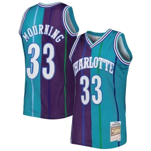 Comodo Lussuoso Classico Alonzo Mourning Charlotte Hornets Hardwood Classics 1992/93 Split Swingman Jersey Teal/Purple