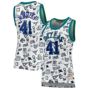 Ottimo Pratico Fantastico Dirk Nowitzki Dallas Mavericks Women's 1998 Doodle Swingman Jersey White